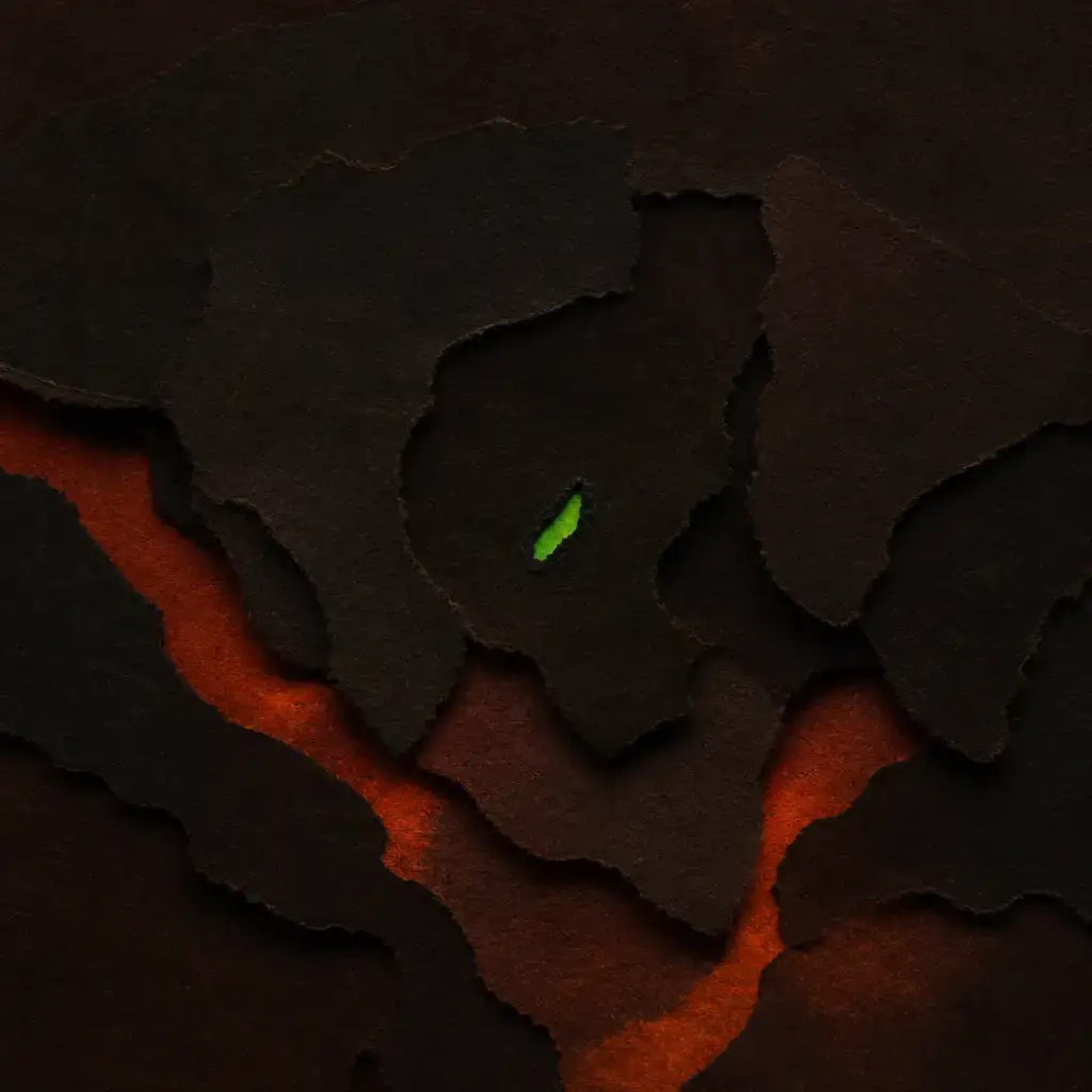 Abstract paper collage — a mostly dark warm ground with a single bright green spark surrounded by orange embers